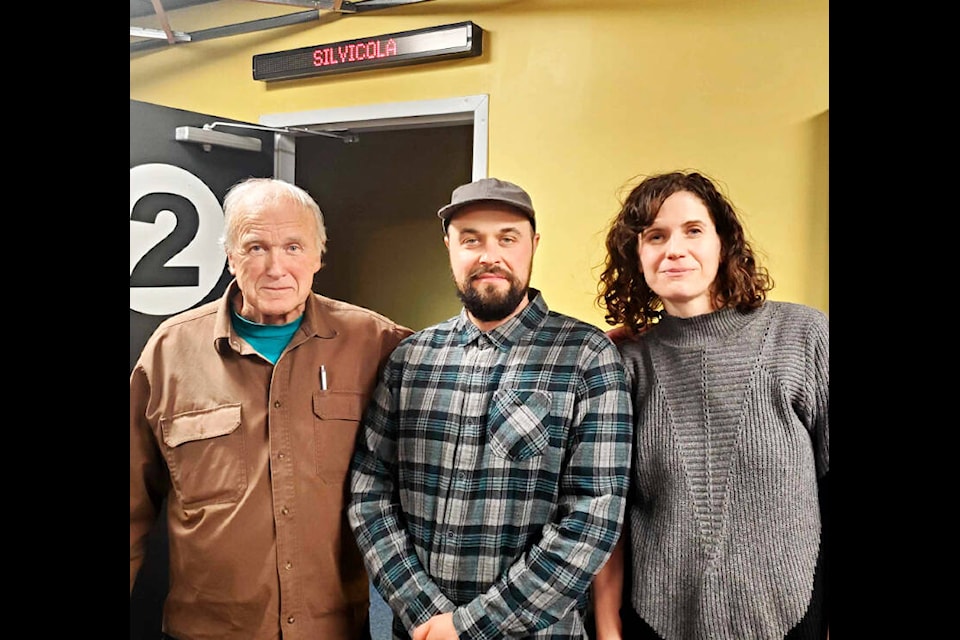 Retired forester and columnist Jim Hilton, left, Silvicola director Jean-Phillippe Marquis and Williams Lake Film Club’s Caroline Derksen after the screening of Silvicola at Paradise Cinemas in Williams Lake Wednesday, April 3, 2024. (Monica Lamb-Yorski photo - Efteen) 