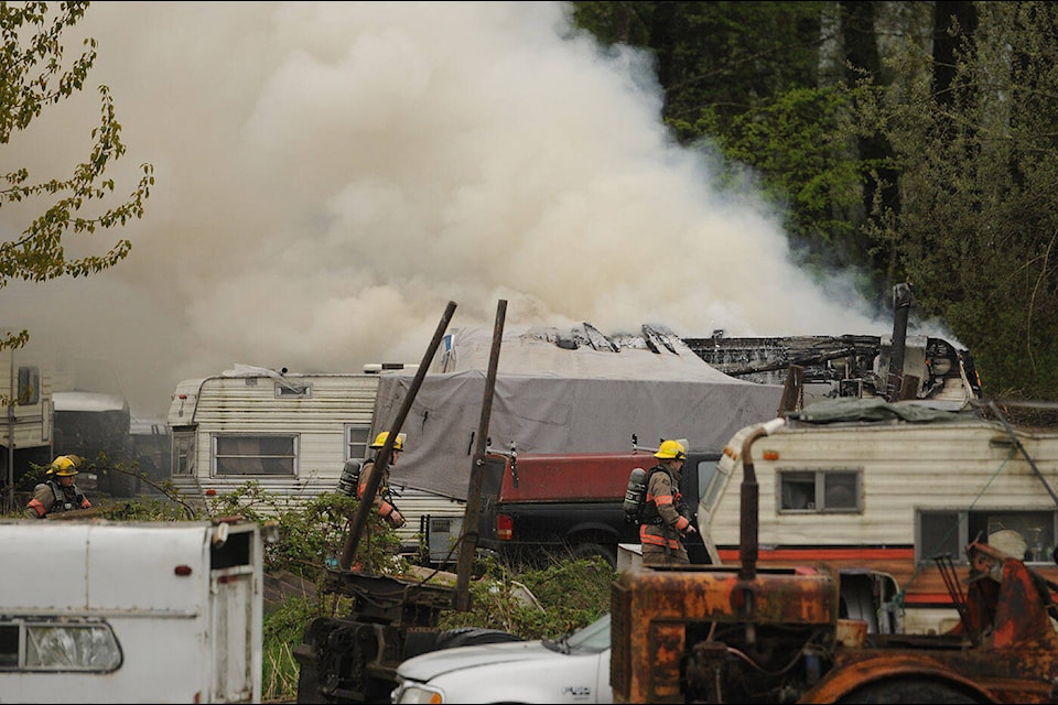 Firefighters were called to this motorhome fire on Cartmell Road on Thursday, April 11, 2024. (Jenna Hauck/ Chilliwack Progress) 