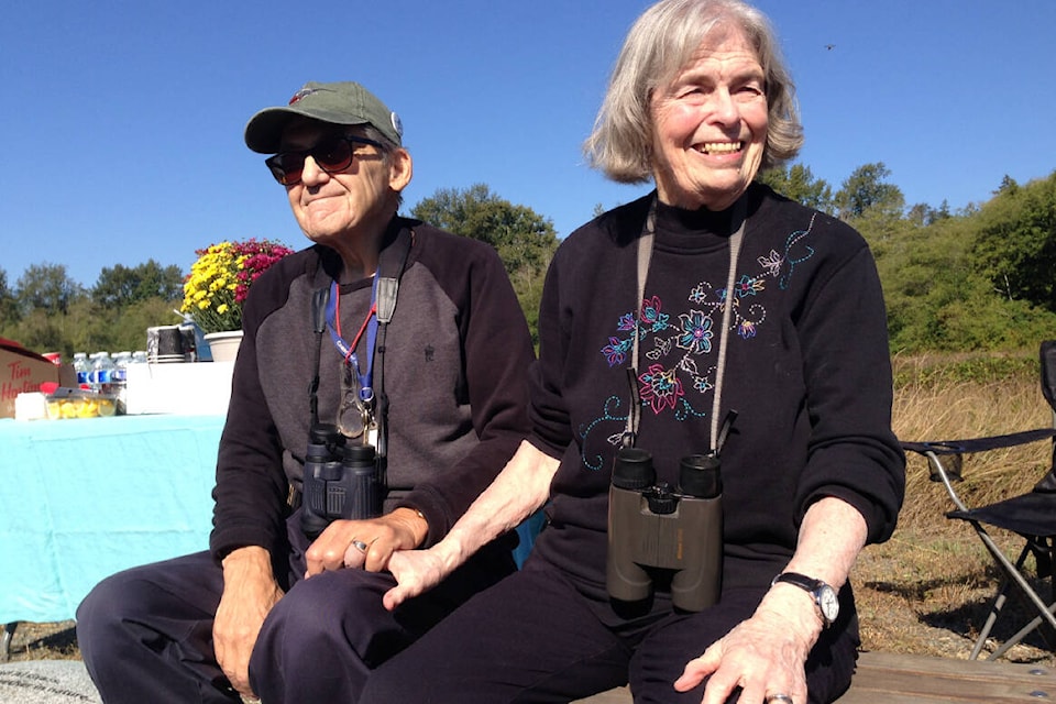 Al and Jude Grass at the Fergus Creek Watershed Biodiversity Preserve in September 2023, when a bench was dedicated to the couple in honour of their contributions to birding and nature. (Glenda Bartosh photo) 