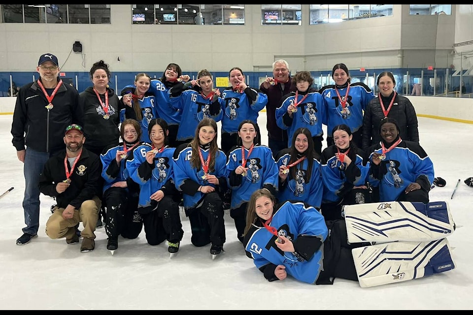 U16 Terrace & Houston RA team pose for a group photo after bringing home a silver in the Ringette BC Provincial Championship in Richmond from March 22-24, 2024. (Contributed photo) 