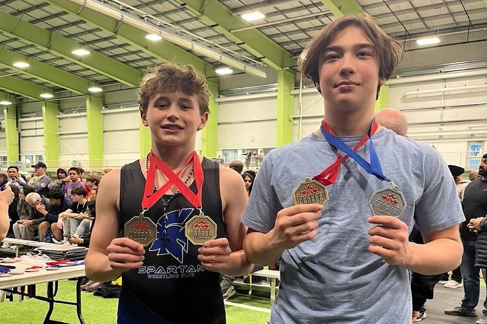 Caleb Trudeau (Left), Max Sabey (Right) with their hardware from 2024 wrestling nationals. (Submitted) Caleb Trudeau (Left), Max Sabey (Right) with their hardware from 2024 wrestling nationals. (Submitted) 