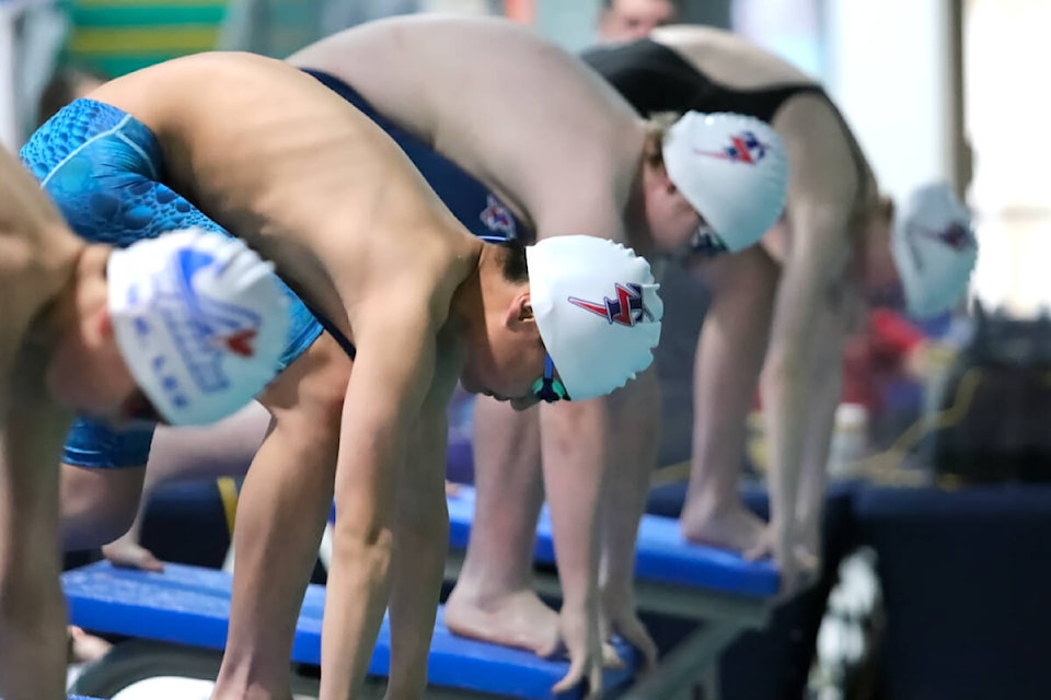 Four Titans swimmers achieved Lower Mainland regional qualifying times at the 2024 RMSC Spring Invitational, which was held at the Maple Ridge Leisure Centre on April 6 and 7. (Brandon Tucker/The News) 
