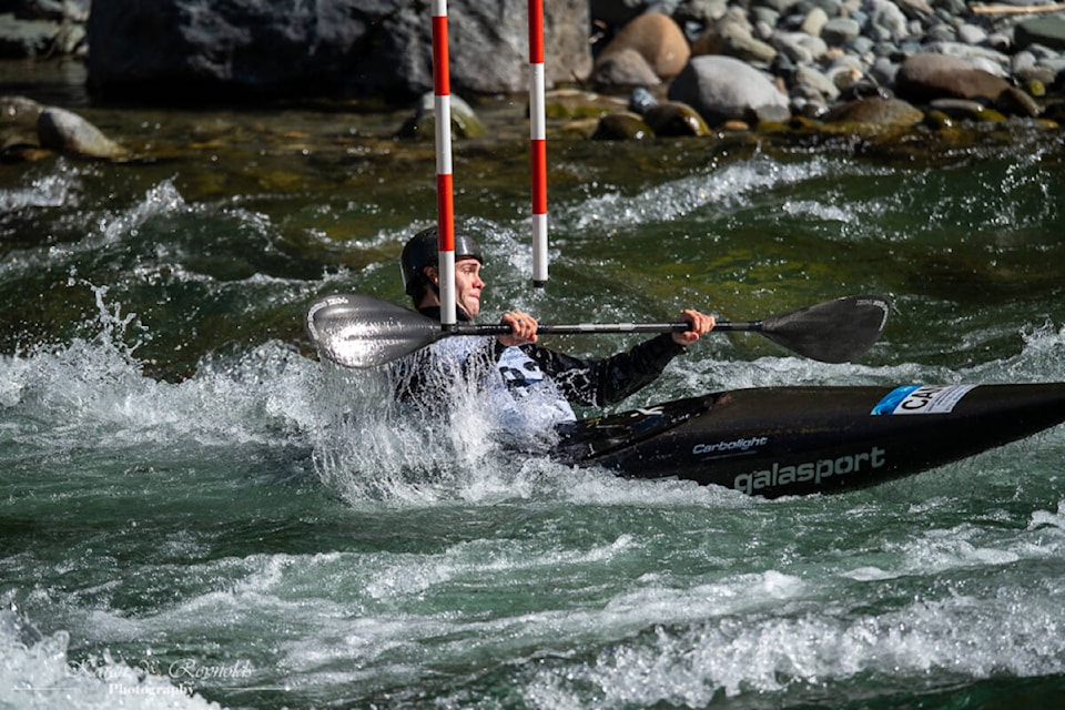Chilliwack’s Nathan Christensen navigates his way through the course en route to a victory in the K1M senior category on Saturday, April 13. Christensen is also a member of the Canadian national team (Photo Courtesy\Karen Reynolds) 