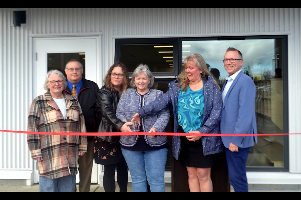 Melinda Gaberel (SD72 district principal of child care and early learning),Philip Cizmic (SD72 associate superintendent), Kat Eddy, MLA Michele Babchuk, Andrea Craddock (CUPE Local 723 president), and Geoff Manning (SD72 superintendent) cut the ribbon at the Ripple Rock Child Care Centre’s opening on April 12. Photos by Brendan Kyle Jure/Campbell River Mirror. 