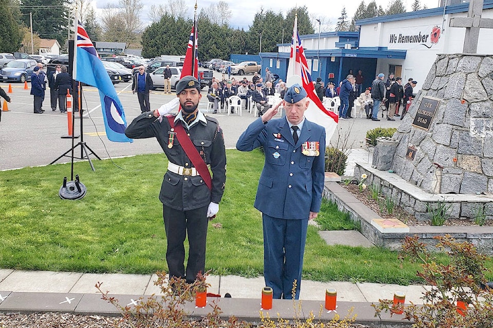 On Sunday, April 7, the Royal Canadian Legion Aldergrove branch began a new tradition, a candlelight ceremony at the cenotaph at 26607 Fraser Hwy., to mark the anniversary of Vimy Ridge and to honour the 120 soldiers whose names are listed on the memorial. (Special to 91ԭ Advance Times) 