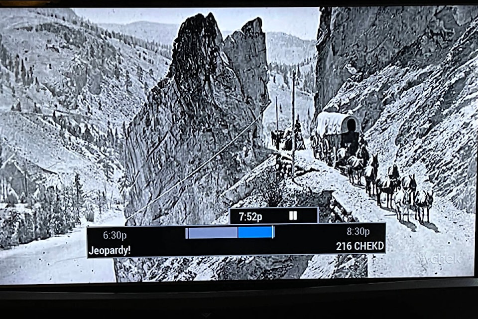 A screenshot of the appearance of Frederick Dally’s c. 1868 photograph of a wagon on the Cariboo Road on <em>Jeopardy!</em> on April 15, 2024. (Photo credit: Barbara Roden) 