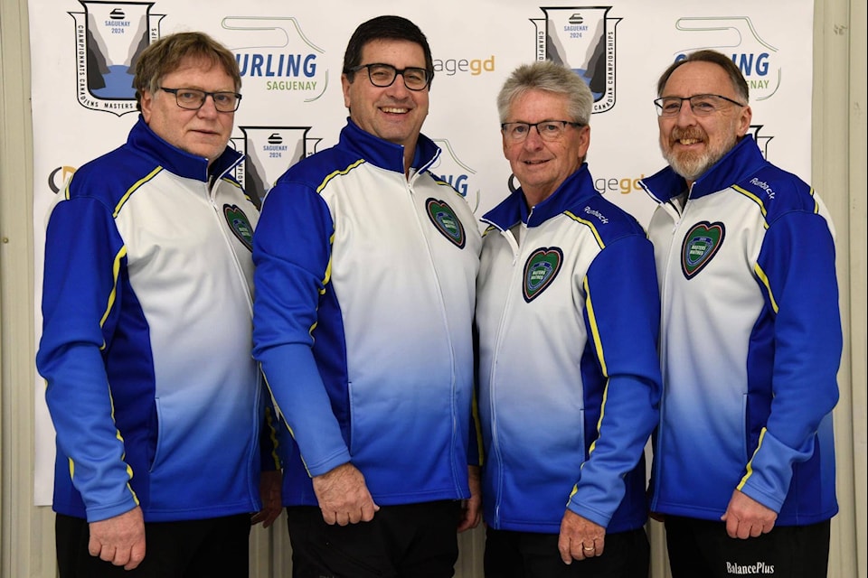Skip Wes Craig (left) and his team of third Ron Schmidt, second Tony Anslow, and lead Victor Gamble at the 2024 Canadian Masters Curling Championships from April 7-13 in Saguenay, Quebec. (Submitted photo) 