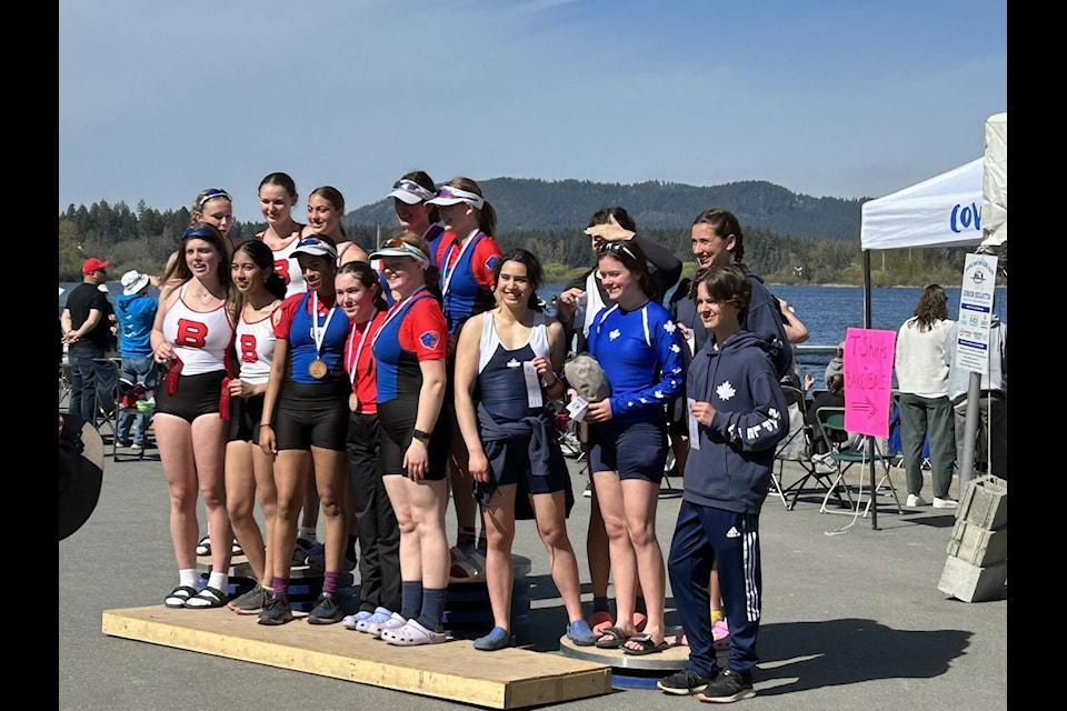 Crews from Brentwood College School, St. Michaels School, and Maple Bay Rowing Club on the podium following the U17 women’s 4+ final. (Dave Symonds photo) 