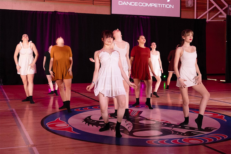 The Spectrum Community School student dance team performs during “Level Up,” a B.C. high school dance competition held at Salish Secondary School April 9. (Photo: Jason Sveinson) 