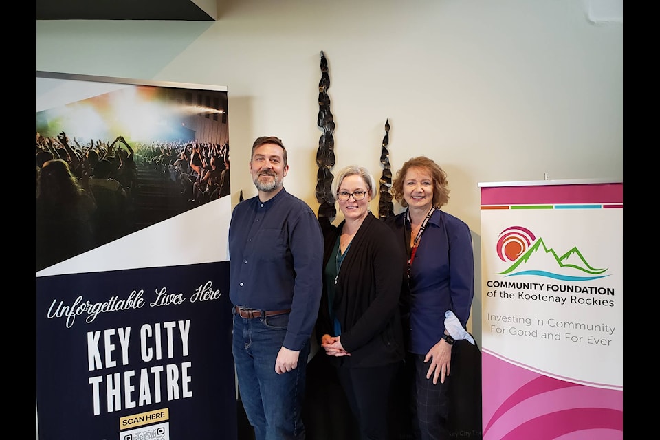 Key City Theatre in Cranbrook was among the many recipients of grant funding from Community Foundation of the Kootenay Rockies (CFKR). Key City executive director Galen Olstead and events manager Brenda Burley stand on either side of CFKR director Lynnette Wray (Photo courtesy of CFKR) 