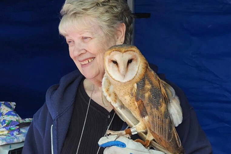 June Young poses with Alba, one of OWL’s resident birds of prey, ahead of the Orphaned Wildlife Rehabilitation Society’s annual open house. (Contributed photo) 