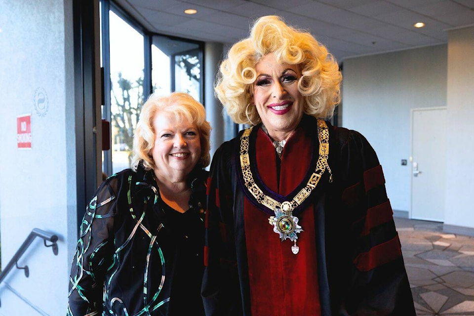 Surrey Mayor Brenda Locke and Mayor Lynne Munroe Locke pose for a photo at Surrey Pride’s So You Think You can Drag at the Sheraton Vancouver Guildford hotel in Surrey on Saturday, April 13, 2024. (Photo: Anna Burns) 