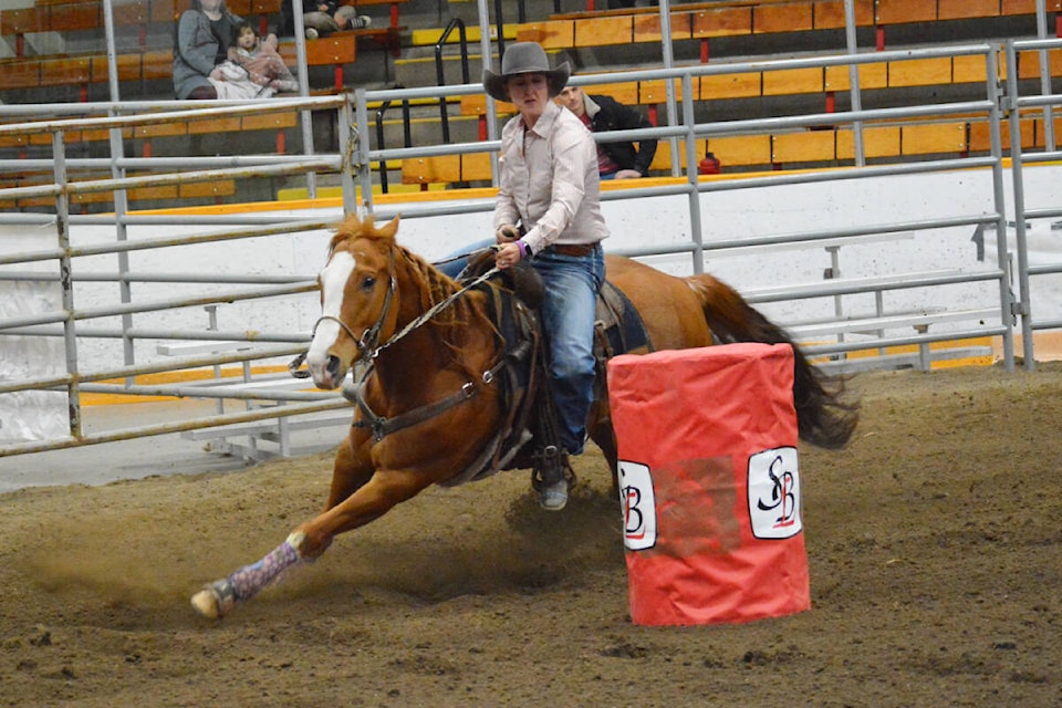 Indoor Spring Class Rodeo ladies barrel racing qualifier event Thursday night in Williams Lake. (Monica Lamb-Yorski photo) 