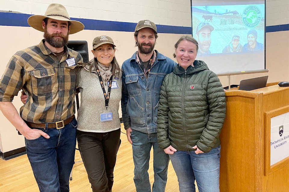 Tristan Banwell, from left, Julia Smith, Steve Meggait and Michelle Schaefer, all from the Small Scale Meat Producers Association were in the Cariboo for presentations and an event aimed at Cariboo farmers and ranchers. (Ruth Lloyd photo - Williams Lake Tribune) 