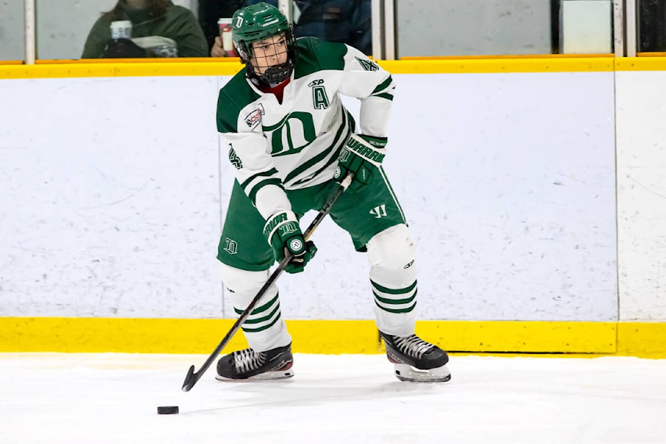 Defencemen Ryan Lin (above), Chloe Primerano, and Brayden Tremblay, as well as forward Max Malinousky were named first-team all-stars in the CSSHL. (Garrett James, Giants/Special to Langley Advance Times) 