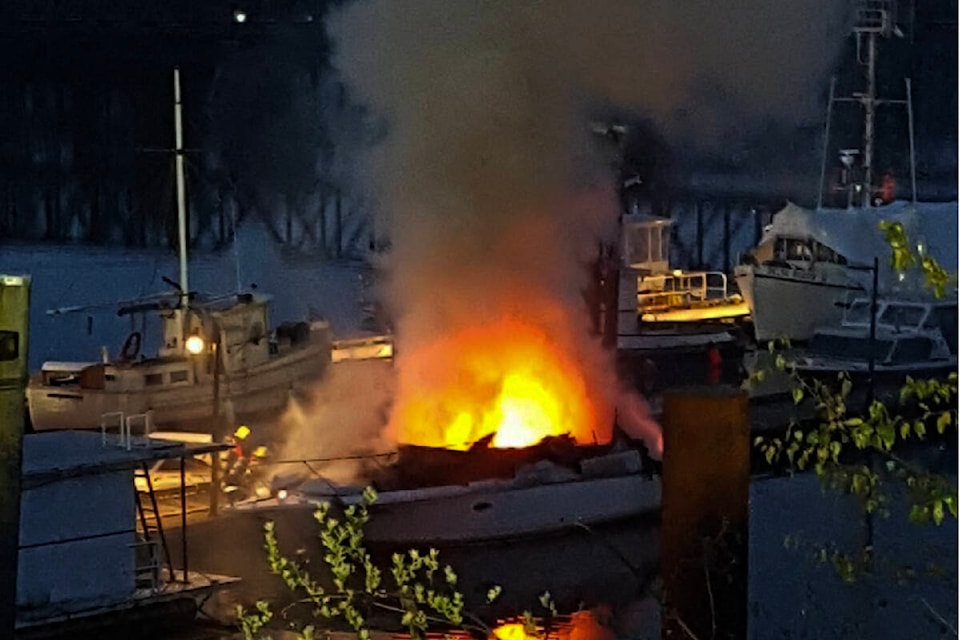 A 36-foot twin diesel boat caught fire and sank on the docks of Mission Harbour on Thursday morning (April 4). /Submitted Photo 