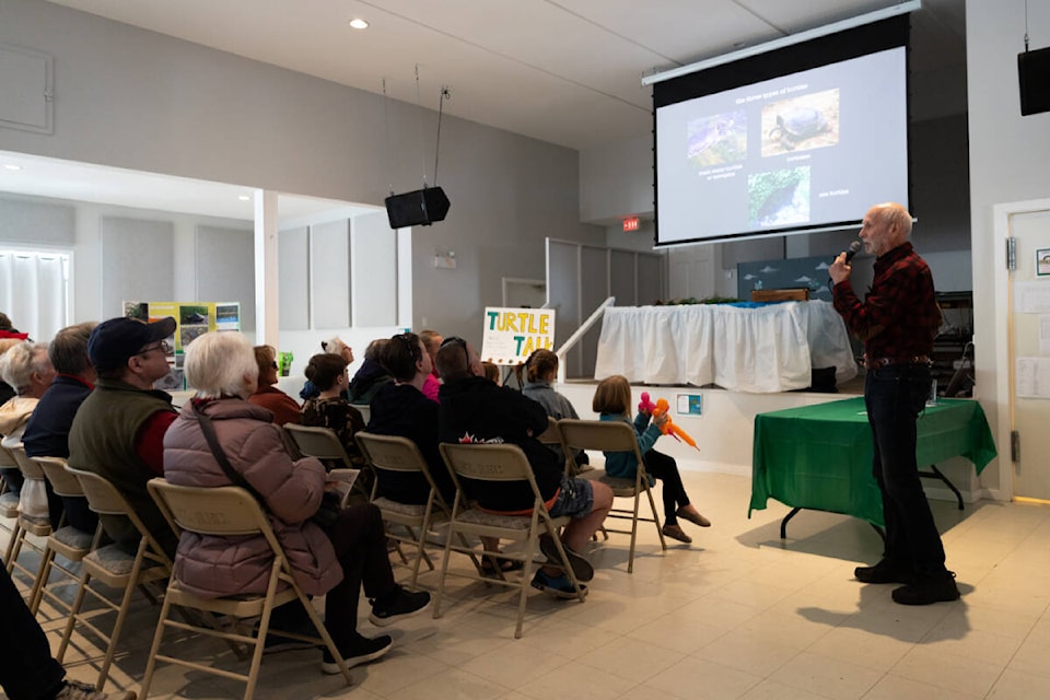 WildBC educator Peter Ballin shares an informative slide show about turtles during the White Lake Turtle Festival at the White Lake Community Hall on Saturday, April 13, 2024. (Kayleigh Seibel Photography) 