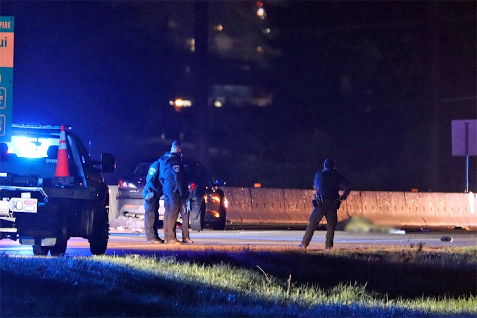 A pedestrian died on scene in the 5300-block of Highway 11 in Abbotsford on Saturday, April 21, after being struck by a vehicle. (Credit: Shane MacKichan) 