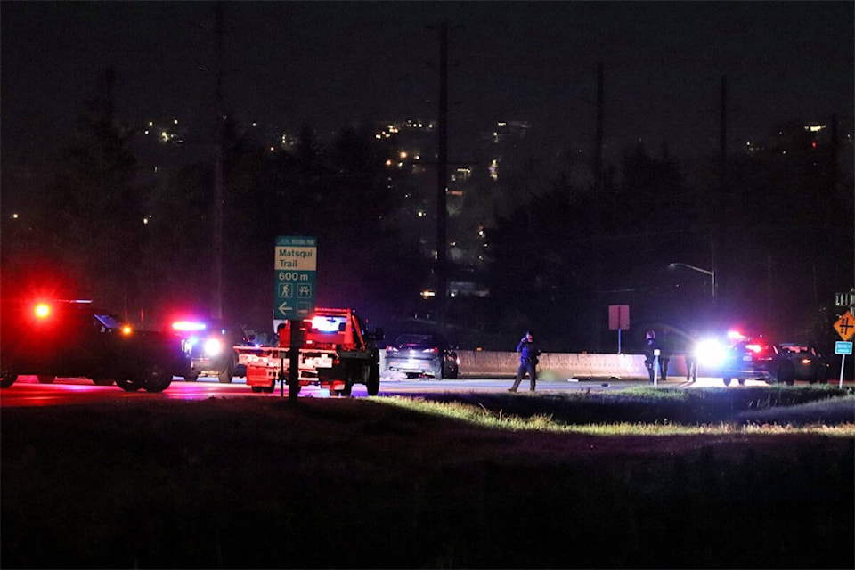 A pedestrian died on scene in the 5300 block of Highway 11 in Abbotsford on Saturday, April 20, after being struck by a vehicle. (Credit: Shane MacKichan) 