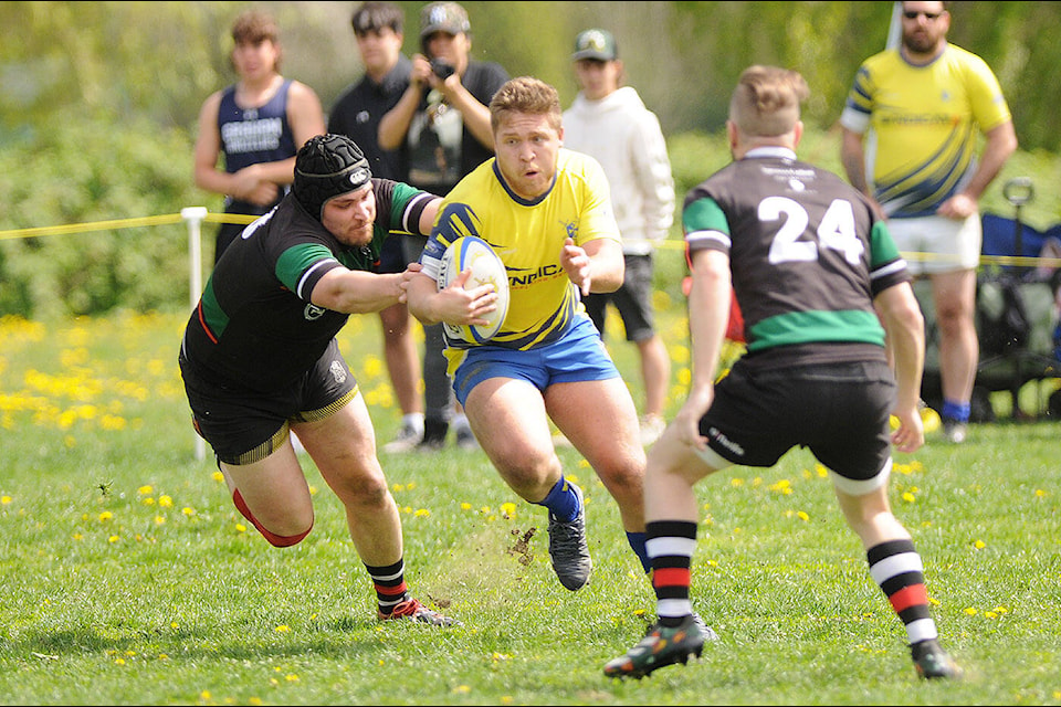 Andy Fourie of the Chilliwack Crusaders sneaks past a Brit Lions player during a quarter-final game at Yarrow Sportsfield on Saturday, April 20, 2024. (Jenna Hauck/ Chilliwack Progress) 