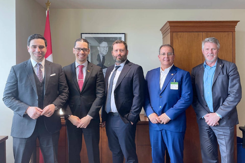 A 91ԭ City delegation took their concerns directly to Ottawa, holding several face-to-face meetings over three days. (Left to right: Parliamentary Secretary Peter Fragiskatos, Mayor Pachal, Councillor Solyom, Councillor White, & MP John Aldag) (Special to 91ԭ Advance Times) 