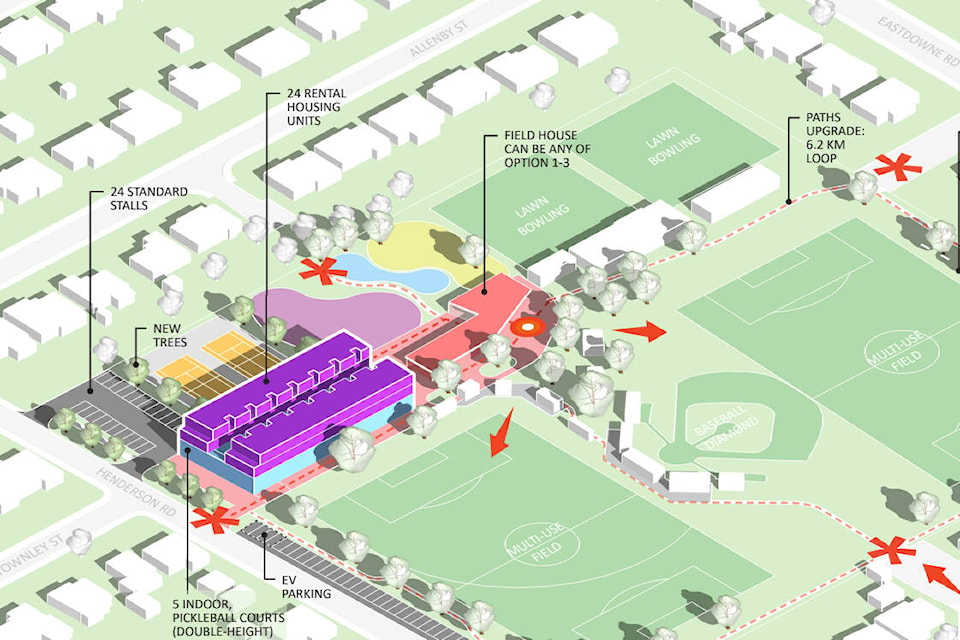 Option 4 includes rental housing in the form of a three-storey building with 24 rental housing units including one-, two-, and three-bedroom unties atop an indoor double-height pickleball facility. (District of Oak Bay) 