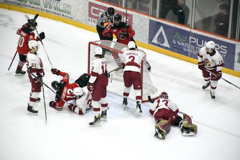 The Alberni Valley Bulldogs celebrate Hayden Stavroff’s goal in the first period of Game 1 against Chilliwack. (RYLEIGH MULVIHILL PHOTO) 