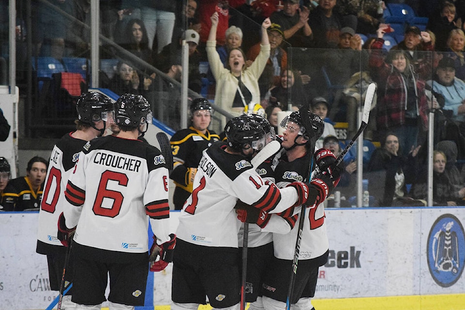The Alberni Valley Bulldogs (and their fans) celebrate Braxton Buckberger’s second period goal during Game 7 against the Coquitlam Express. (ELENA RARDON / Alberni Valley News) 
