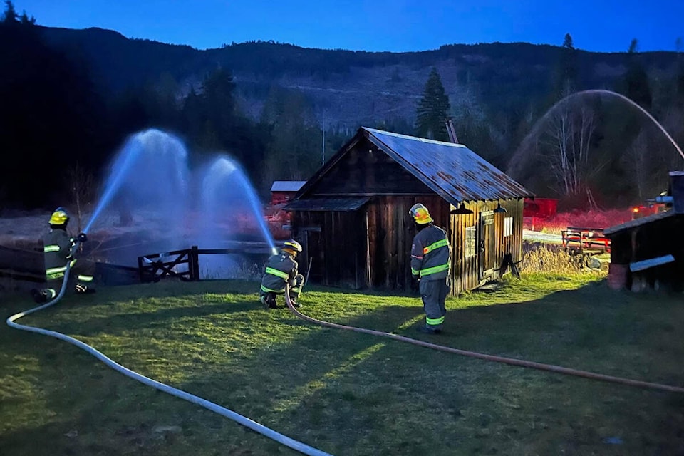 Volunteer firefighters with Cherry Creek Fire Department hold practice March 19, 2024 at McLean Mill National Historic Site. Firefighters were familiarizing themselves with the wooden buildings on site, going over pre-plans and location of hydrants. (PHOTO COURTESY CHERRY CREEK VFD) 