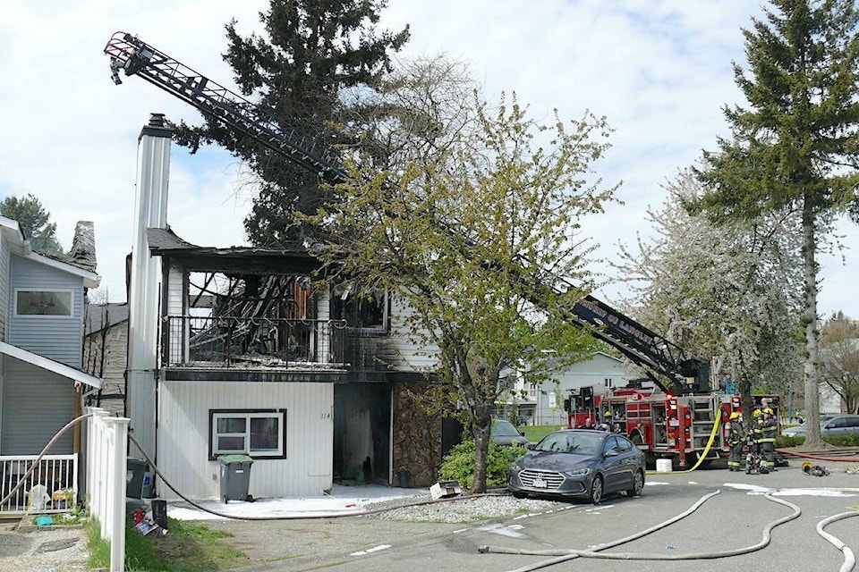  Fire investigators have determined ‘outdoor cooking’ was the likely source of a fast-spreading blaze that injured three people and damaged four houses in Aldergrove on Saturday, April 20. (91ԭ Advance Times files) 