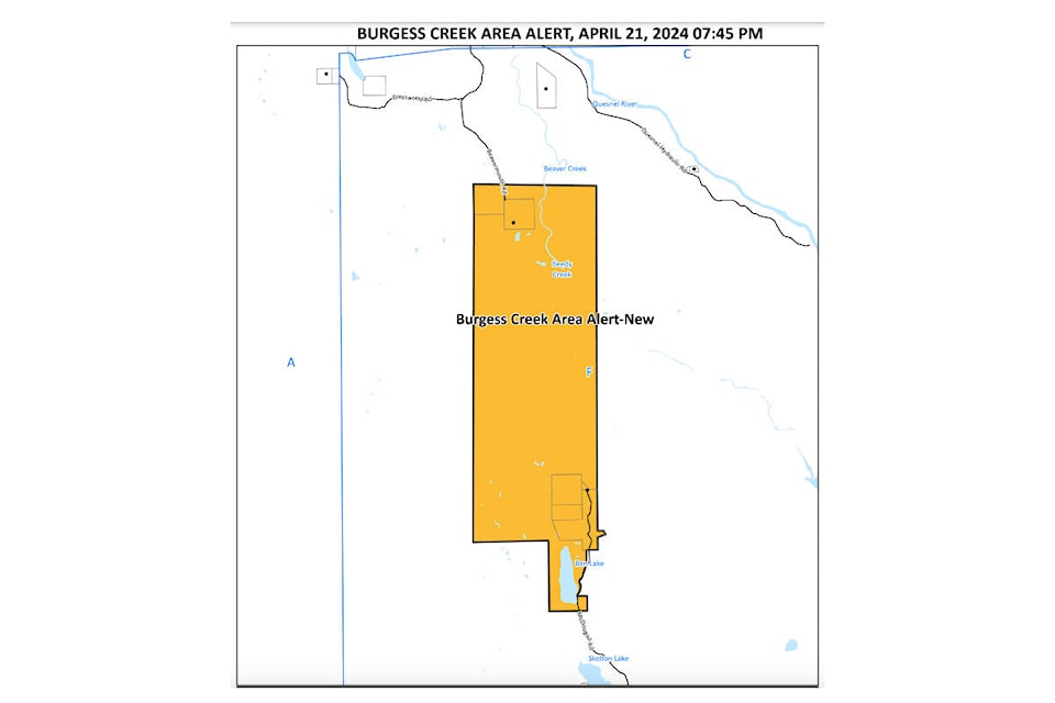 An evacuation alert has been issued for the Burgess Creek area northeast of Williams Lake, southeast of Quesnel. (Cariboo Regional District map) 