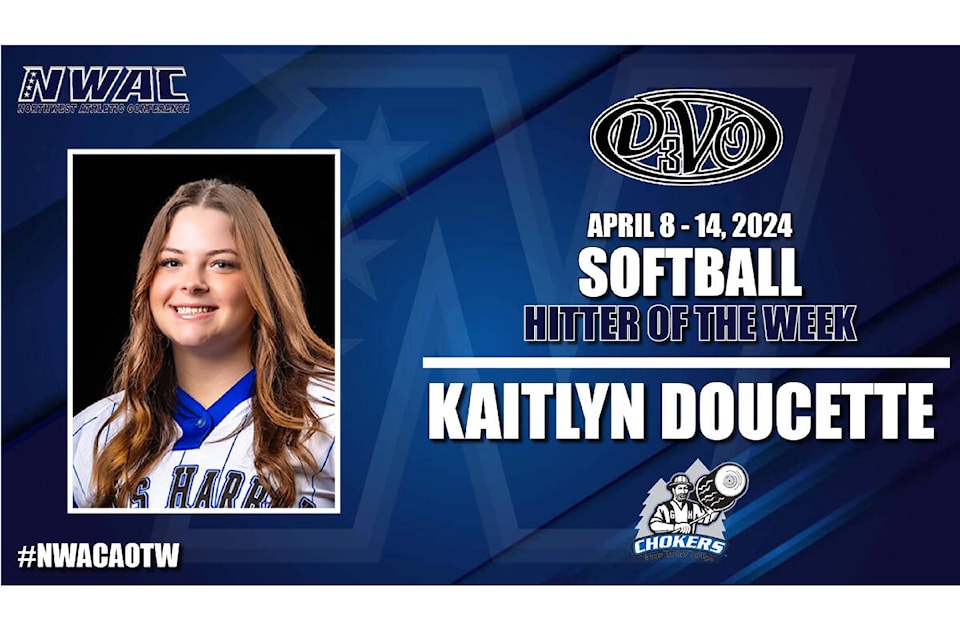 Quesnel’s Kaitlyn Doucette the belle of softball, this past week, for her Grays Harbor College team in the U.S.A. (Image courtesy NorthWest Athletic Conference) 
