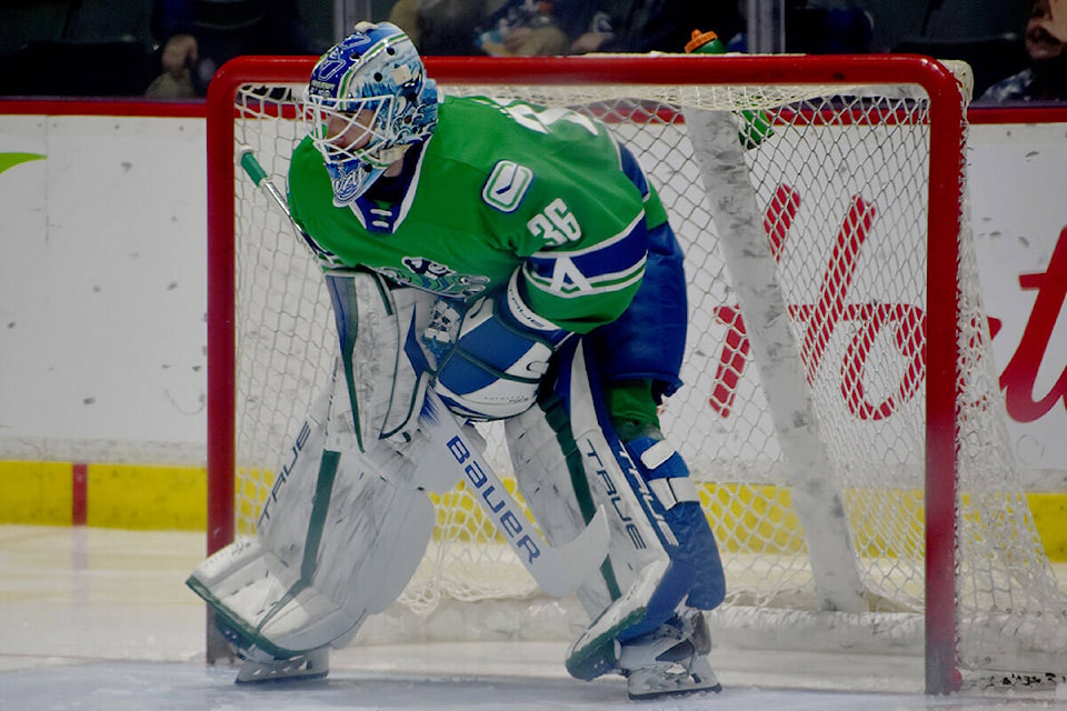 Abbotsford’s Zach Sawchenko, shown here from a game earlier this season, made 28 saves to backstop the Canucks to a game one win over Colorado on Wednesday (April 24). (Ben Lypka/Abbotsford News) 