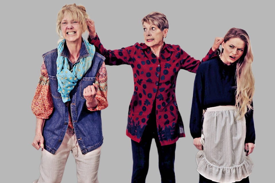 Mercury Players presents ‘Lesser Demons’ written and directed by Dorothy Dittrich from May 2 to 12 in the Heritage Hall at Duncan United Church. Louise Phillips (centre) plays Sylvia a Lesser Demon and is keeping Abigail (Elizabeth Brimacombe) and the maid (Karmin Mutter) who are both her sins in training, in check. (Photo by Mony Vesseur) 