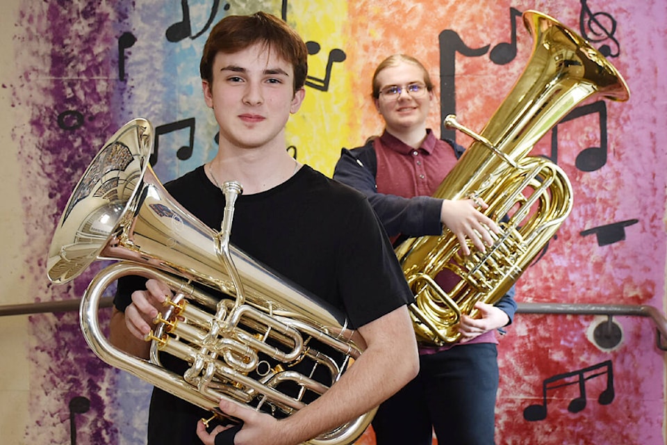 Grade 12 student Ethan Knowles, left, a euphonium player, and Grade 11 student Alex Gibson, who plays the tuba, will be heading to the 52nd annual MusicFest Canada “The Nationals” at the University of Toronto in May. (Colleen Flanagan/The News) 