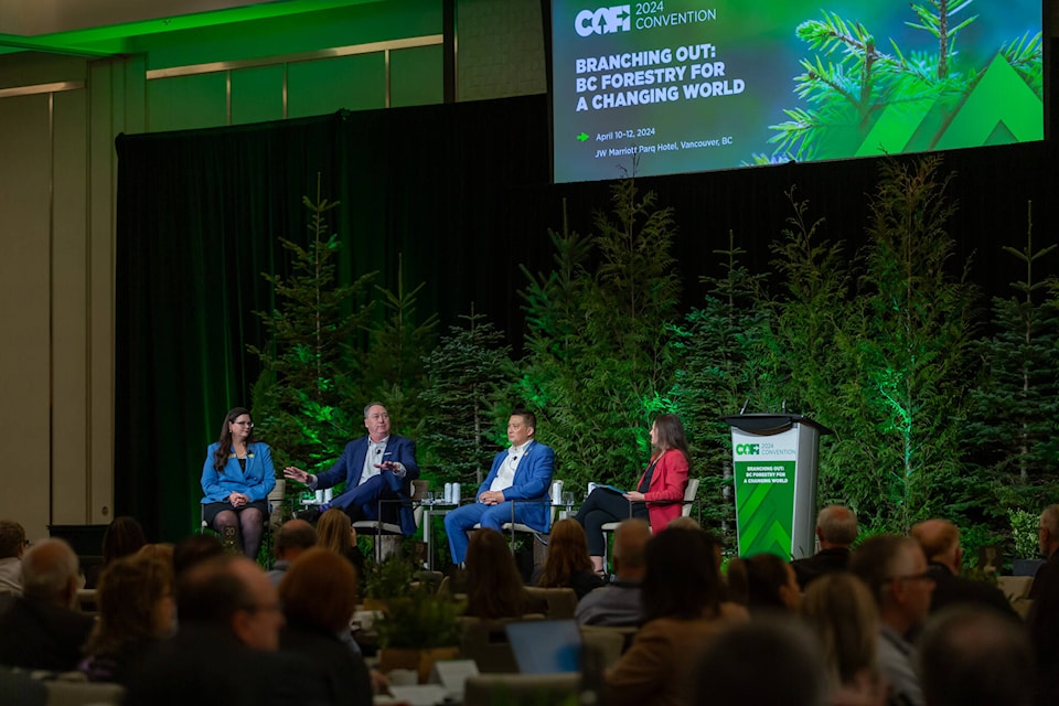 A panel consisting of local government representatives from B.C. share their insights on the forestry industry at the COFI conference held in Vancouver April 11-12. Left to right, Campbell River Councillor Susan Sinnott, Vanderhoof Councillor Brian Frenkel, Prince George Mayor Simon Yu and Vancouver Councillor Lisa Dominato. (Photo courtesy, BC Council of Forest Industries) 