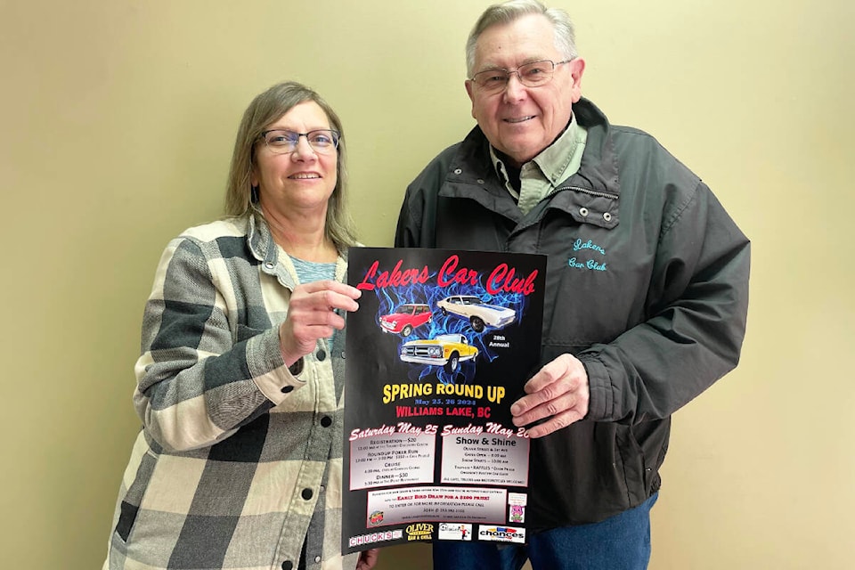 Jackie Potter, left, and Paul Christianson are rallying the troops, and the cars, for the 28th annual Lakers Car Club Spring Round Up on May 25, 26. (Ruth Lloyd photo - Williams Lake Tribune) 