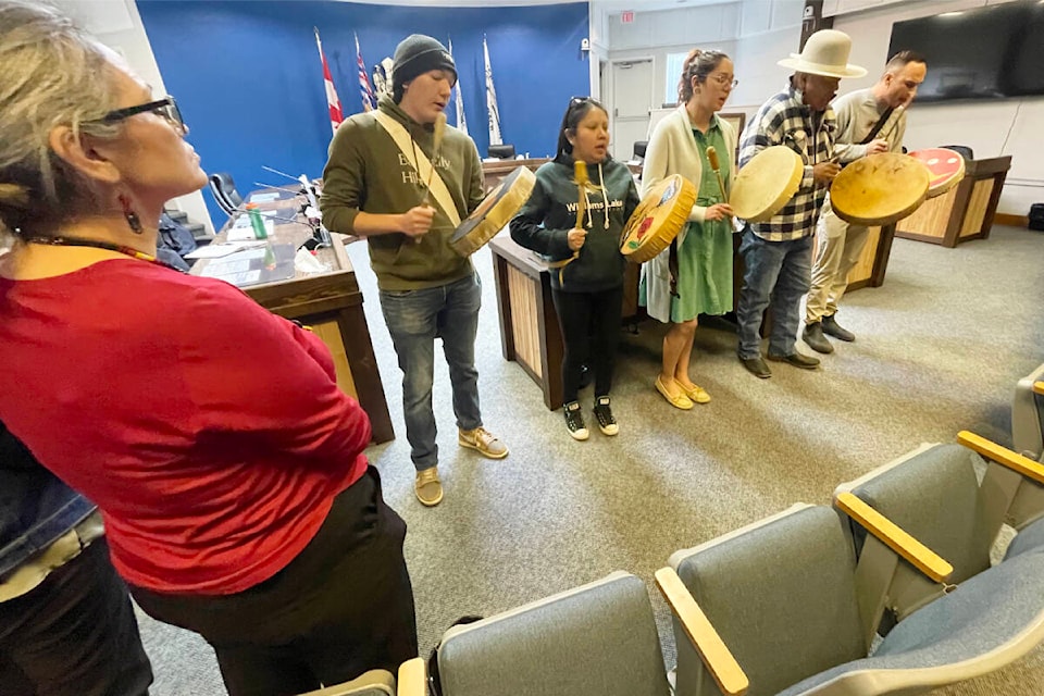 WLFN drummers and singers open up a community meeting hosted by the RCMP to bring those involved in community safety together to discuss priorities and partnerships. (Ruth Lloyd photo - Williams Lake Tribune) 