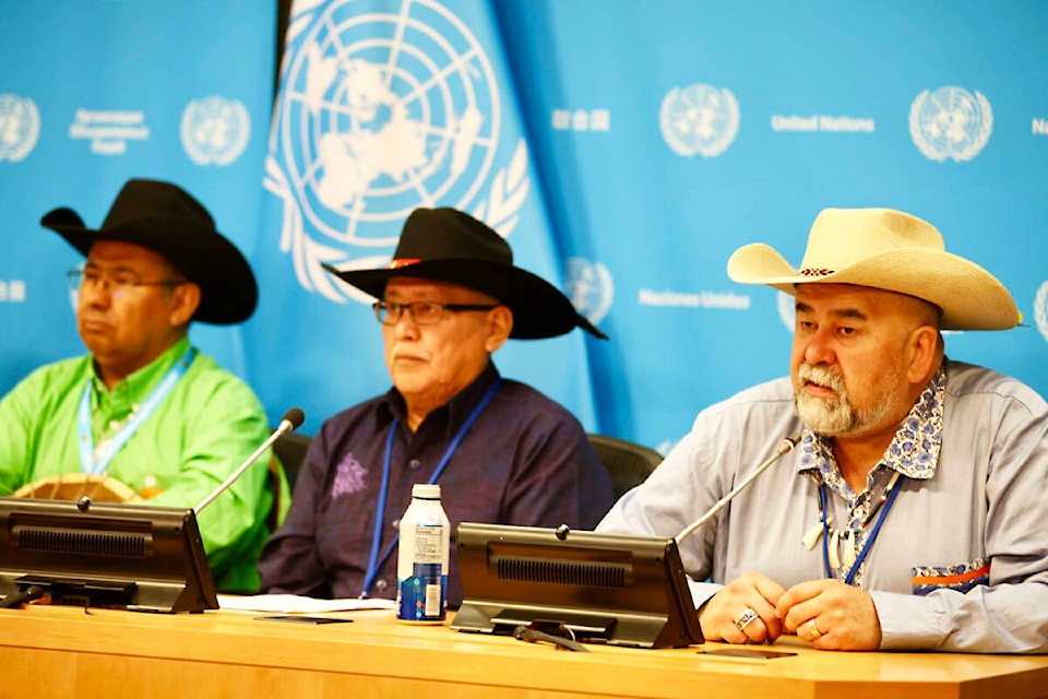 Tŝilhqot’in chiefs Roger William, Otis Guichon, vice-chair and Joe Alphonse, tribal chair, attend the United Nations Permanent Forum of Indigenous Issues in New York. (Laureen Carruthers photo) 