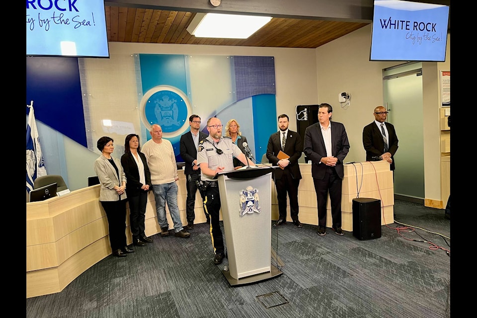 White Rock RCMP Staff Sgt. Rob Dixon speaks at a press conference at city hall. (Tricia Weel photo) 