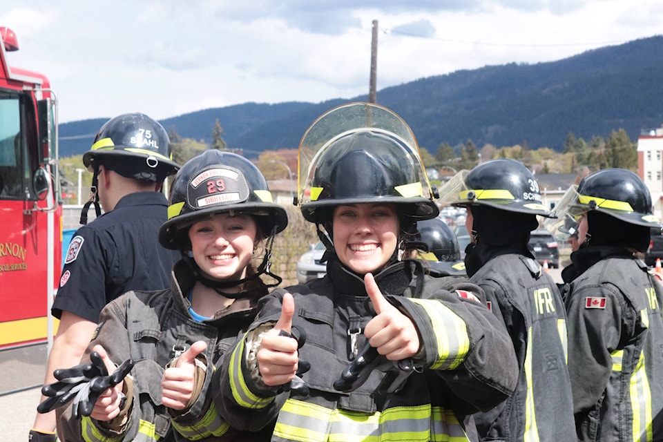Alexis Sibilleau (left) and Dylan Staber were two of 11 students who took part in a female firefighting training day Wednesday, April 24, 2024. (Brendan Shykora - Morning Star) 