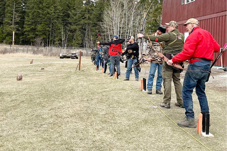 Cariboo Archers line up to take aim at targets during a flatlfield shoot at the Williams Lake Sportsmens’ Association in April of 2024. (Michelle Lavoie photo) 