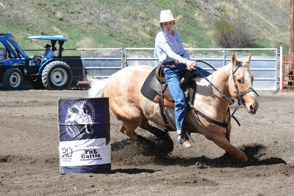 Carly Moe of 150 Mile House competes in senior barrels Friday, April 26 at the Williams Lake 50th Spring Rodeo, High School Rodeos BC. (Monica Lamb-Yorski photo - Williams Lake Tribune) 