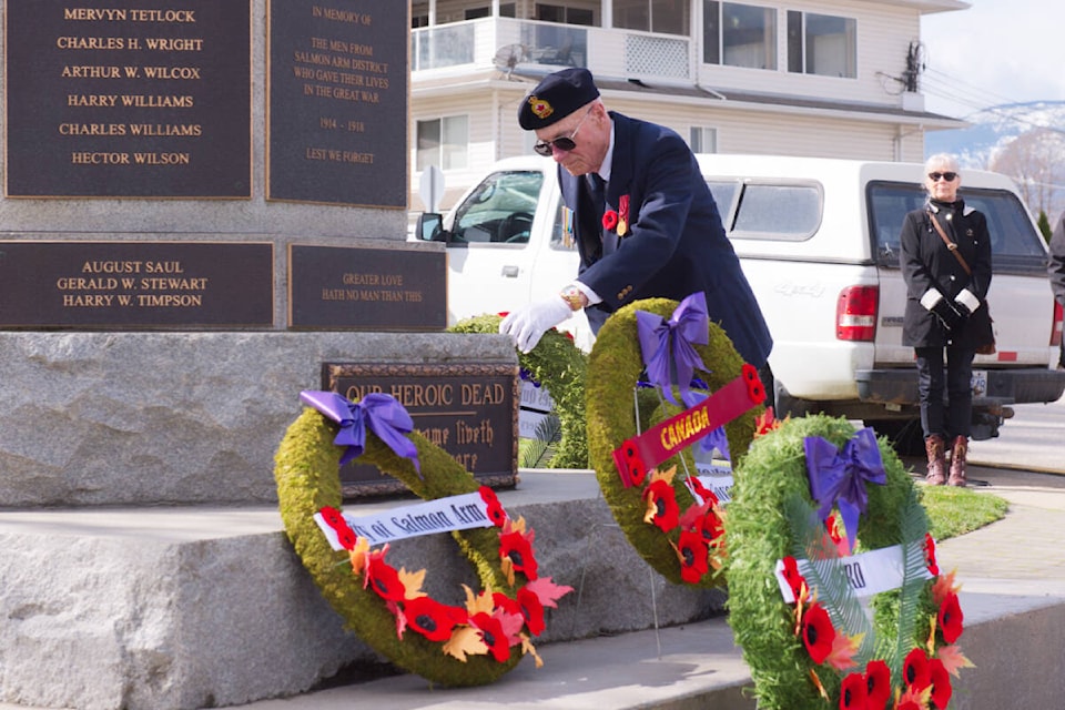 Veteran Bob Quinton places a wreath at the city cenotaph for father Charles Henry Quinton, who fought in the First World War and at Vimy Ridge, during a ceremony marking the Battle of Vimy Ridge held by the Salmon Arm legion on Tuesday, April 9, 2024. (Lachlan Labere-Salmon Arm Observer) 