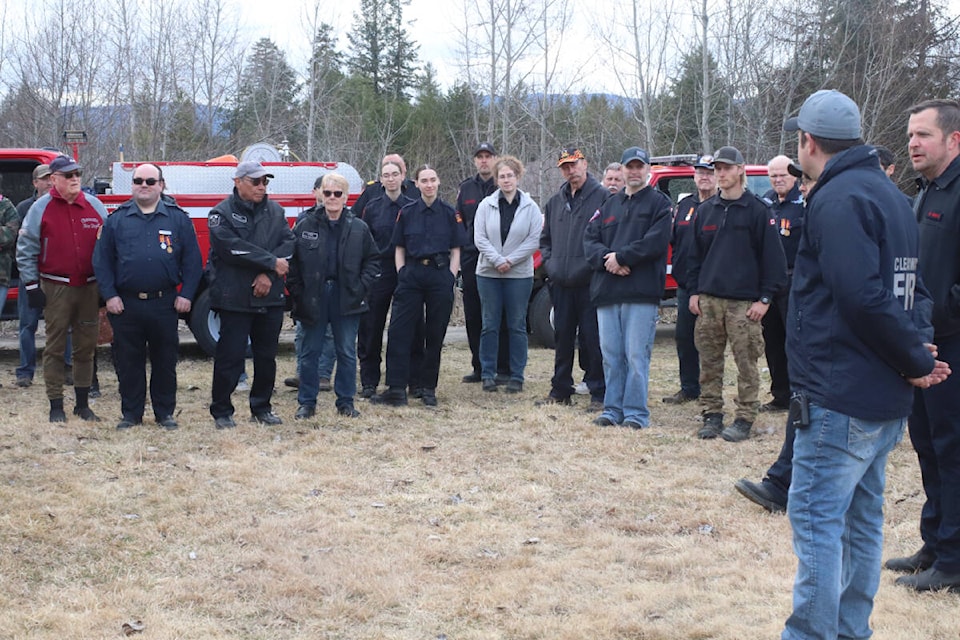 Current and retired members of Clearwater Volunteer Fire Department, Vavenby and Blackpool Fire Departments attended a groundbreaking on March 29 at 3 p.m. for new playground equipment that will soon be installed at Chad Schapansky Memorial Park. (Photo by: Zephram Tino) 