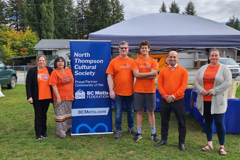 The North Thompson Aboriginal Cultural Centre Society (NTACCS) is a non profit organization is coordinated by Executive Director, Cindy Wilgosh (second from left) and often hosts guests to special events such as Member of Parliament for Kamloops-Thompson-Cariboo Frank Caputo (second from right) during the 2023 Truth and Reconciliation Orange Shirt Day event at Dutch Lake Centre. (Photo by: Hettie Buck) 