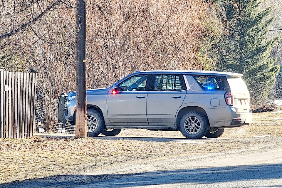 Clearwater RCMP remain on scene on Thursday, March 14 following an early morning warrant execution on a home in Blackpool, just off Highway 5 and Jenkins Road. A prohibited driver from the same residence fled RCMP in a rented U-Haul on April 8 and was apprehended on Tues. April 9 by police on Lemieux Creek Road. Charges are pending. (Photo by: Hettie Buck) 