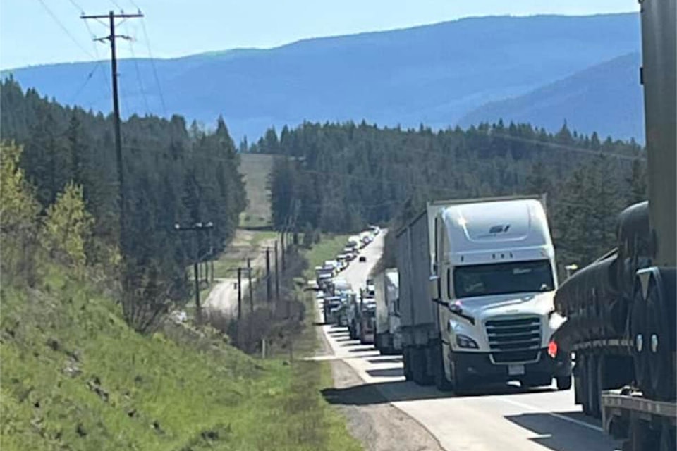 A fatal crash involving a semi and smaller work truck on Highway 5 near Birch Island in the early morning hours of April 23 had traffic back up for hours with the highway closed for rescue and investigation. A wildfire was started due to the collision and both Vavenby and Blackpool Fire Rescue were on scene as well as reporting to BCWFS. (Photo by: Marvin Wade Ritchie) 