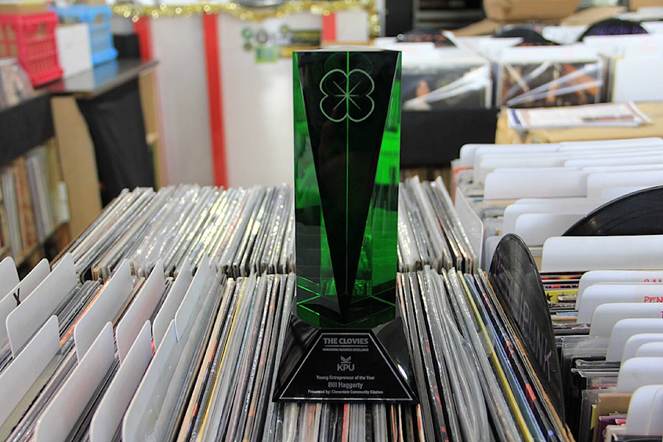Bill Haggerty’s 2021 Clovie award for Young Entrepreneur of the Year is seen at his store Elevated Music in Cloverdale. Nominations for the 2025 Clovies have now opened. (Photo: Malin Jordan) 