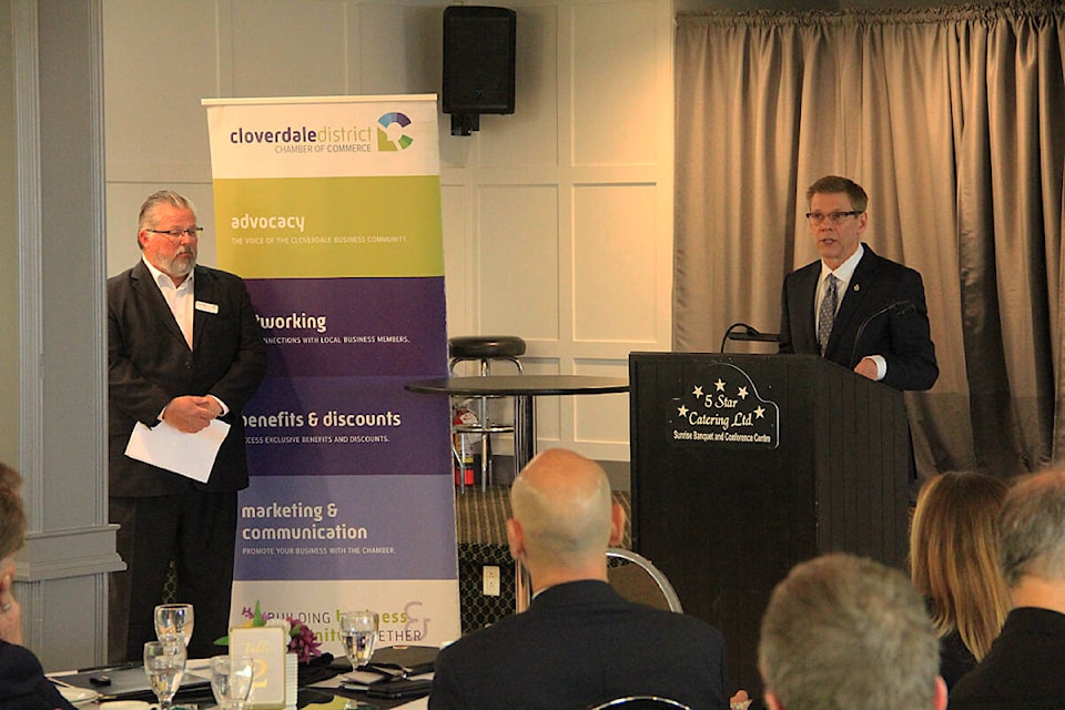 Surrey Police Service Chief Norm Lipinski takes questions after a speech during a luncheon in Cloverdale in 2022. Lipinski will once again be the guest speaker at a Cloverdale District Chamber of Commerce luncheon, this time at Elements Casino. (Photo: Malin Jordan) 